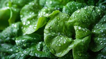 Close-up of fresh green leaves with water droplets, showcasing their texture and freshness. photo