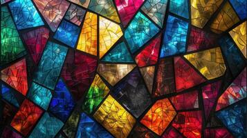 A vibrant stained glass window featuring colorful, abstract geometric patterns. photo