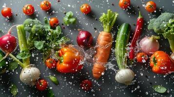 A vibrant display of fresh vegetables splashing in water, highlighting healthy eating. photo
