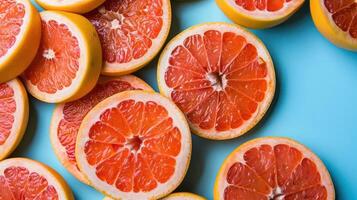 Slices of grapefruit arranged on a blue background, showcasing their vibrant colors and textures. photo
