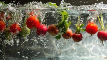 Fresh radishes splashing into water, showcasing vibrant colors and textures. photo