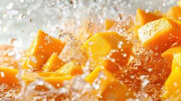 Fresh mango pieces splashing in water, highlighting their juicy texture and vibrant color. photo