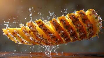 A sliced pineapple splashing in water, showcasing freshness and vibrancy. photo