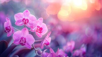 A close-up of vibrant pink orchids against a soft, blurred background of warm colors. photo