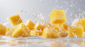 Yellow cubes splash in water, creating dynamic motion and freshness. photo