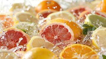 A vibrant splash of citrus fruits, showcasing freshness and vitality. photo