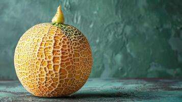 A single cantaloupe melon with a textured rind against a green background. photo