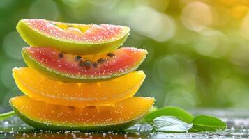 A colorful stack of sliced melons with salt, set against a blurred natural background. photo