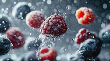 A dynamic splash of raspberries and blueberries surrounded by water droplets. photo