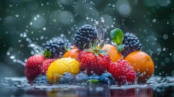 A vibrant display of assorted fruits splashing in water, showcasing freshness and vitality. photo