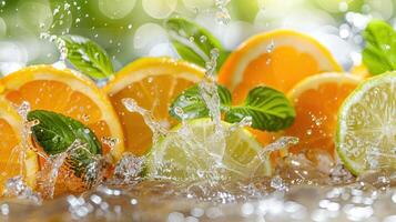 Fresh citrus slices with mint splashing in water, creating a refreshing and vibrant scene. photo