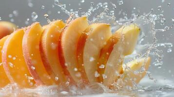 Sliced apples creating splashes in water, showcasing freshness and vitality. photo