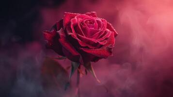 A vibrant red rose adorned with droplets, surrounded by soft smoke and a dramatic backdrop. photo