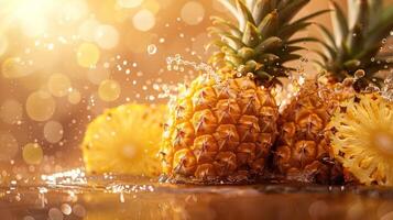 Fresh pineapples splashing in water with a warm, blurred background. photo