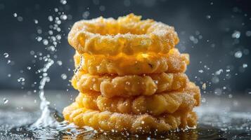 A stack of golden, fried rings with a sprinkle of sugar, creating a splash effect. photo