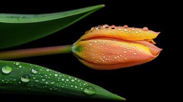 A close-up of a dew-covered orange tulip against a dark background. photo