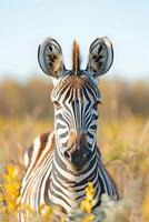 A close-up of a zebra in a natural setting, showcasing its striking black and white stripes. photo
