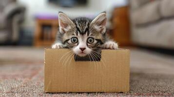A curious kitten peeks out of a small cardboard box, showcasing playful innocence. photo