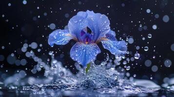 A vibrant blue iris flower surrounded by water droplets, creating a serene atmosphere. photo