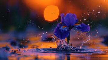 un vibrante iris flor en medio de salpicaduras de agua, iluminado por un puesta de sol. foto