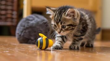A playful kitten interacts with a colorful bee toy on a wooden floor. photo