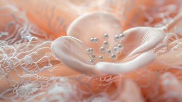Close-up of a delicate fabric flower adorned with pearls on lace. photo