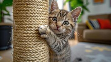 A playful kitten clings to a scratching post in a cozy living room setting. photo