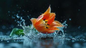 A vibrant orange tulip splashes in water, creating a stunning visual effect. photo