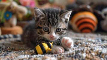 A playful kitten with big eyes interacts with a bee toy on a textured surface. photo