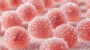 Close-up of pink raspberry-like spheres with a sugary texture on a soft background. photo
