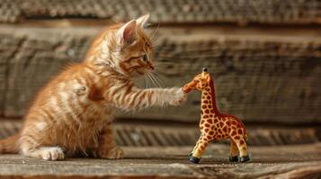 A playful kitten interacts with a toy giraffe on a rustic wooden surface. photo
