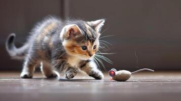A playful kitten approaches a toy mouse on a wooden floor, showcasing curiosity and playfulness. photo