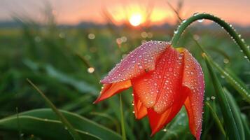 A close-up of a dew-covered tulip with a sunset in the background. photo