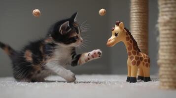 A playful kitten interacts with a toy giraffe and floating balls in a cozy setting. photo