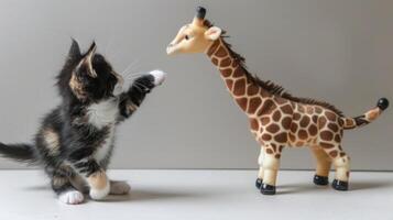 A playful kitten interacts with a toy giraffe in a charming scene. photo
