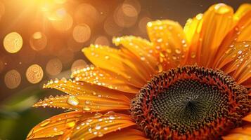 A vibrant sunflower with droplets, illuminated by soft sunlight, creating a serene atmosphere. photo