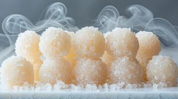 A cluster of spherical, sugar-coated treats emitting a misty vapor. photo