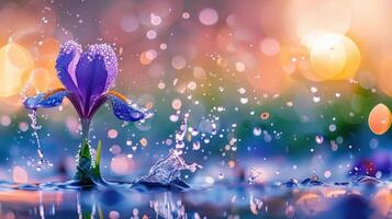 A vibrant flower emerges amidst raindrops, creating a serene and colorful atmosphere. photo
