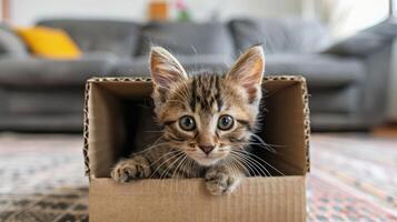A playful kitten peeks out from a cardboard box in a cozy living room setting. photo