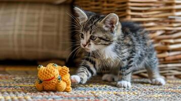 A playful kitten approaches a crocheted toy frog on a textured surface. photo
