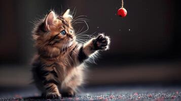 A playful kitten reaching for a red toy bell, capturing a moment of curiosity and fun. photo