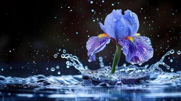 A vibrant purple iris flower surrounded by splashes of water, creating a serene and refreshing scene. photo