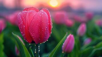 A close-up of a pink tulip with dew drops, set against a colorful sunrise in a field. photo