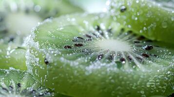 Close-up of fresh kiwi slices with droplets, showcasing texture and freshness. photo