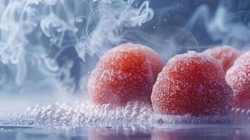 Frosted berries surrounded by bubbles and mist create a visually striking, refreshing scene. photo