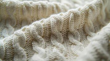 A close-up of a textured, cream-colored knitted fabric showcasing intricate patterns. photo