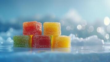 Colorful gummy candies arranged on a reflective surface with a soft-focus background. photo