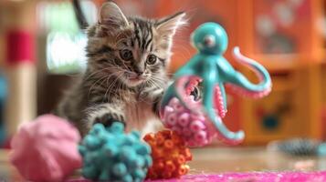 A playful kitten interacts with colorful toys, including an octopus and various shapes. photo
