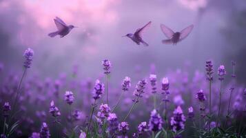 un sereno escena de colibríes volador terminado floreciente lavanda flores en suave ligero. foto