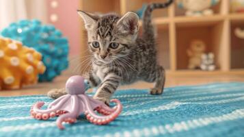A playful kitten interacts with a colorful octopus toy on a vibrant rug in a cozy room. photo